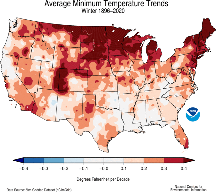 Map showing milder winter temperatures